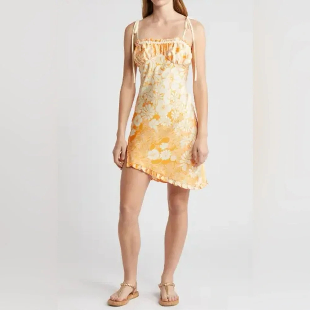 Free People Retro Daisy Asymmetrical Slipdress Orange Gold Floral Sz M - Picture 1 of 13